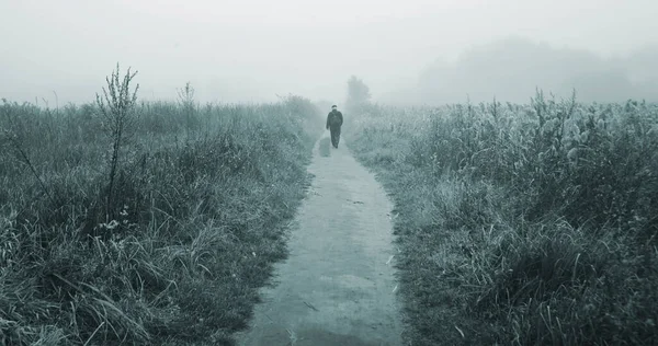 霧に包まれた天気の牧草地を男は歩いている — ストック写真