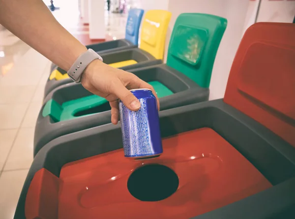 Woman Throws Aluminum Can One Four Bins Sorting Garbage — Stock Photo, Image