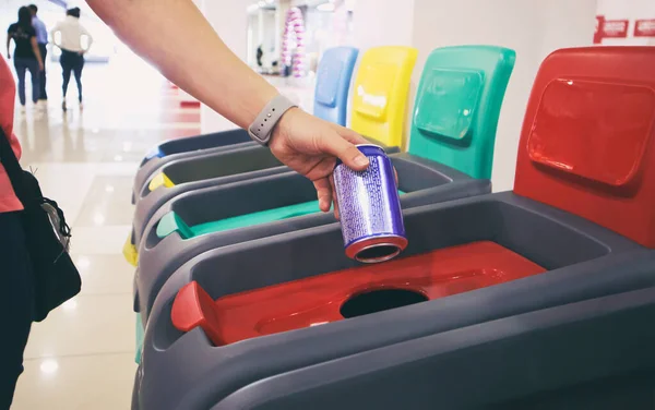 Woman Throws Aluminum Can One Four Bins Sorting Garbage — Stock Photo, Image