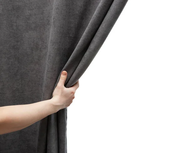 Woman Hand Open Gray Curtain — Stock Photo, Image