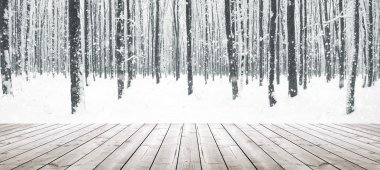 Winter forest and wooden planks clipart