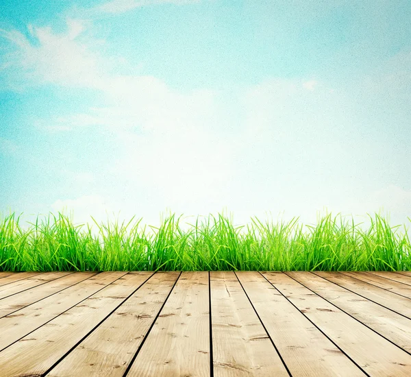 Wooden planks with green grass — Stock Photo, Image