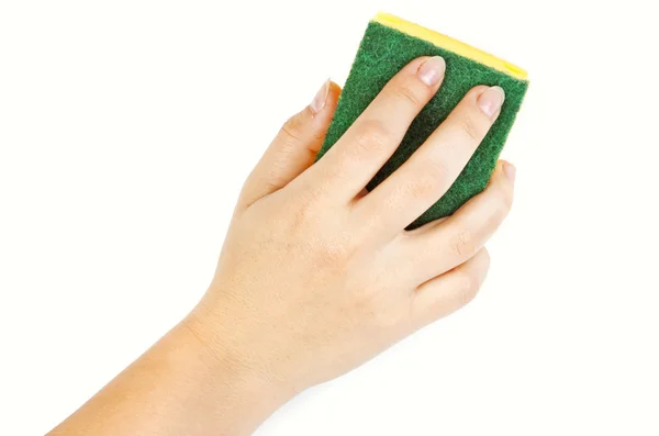 Hand met gele spons — Stockfoto