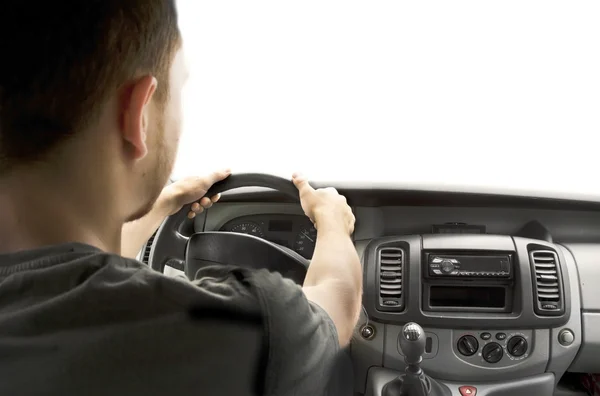 Hands of a driver on steering wheel — Stock Photo, Image