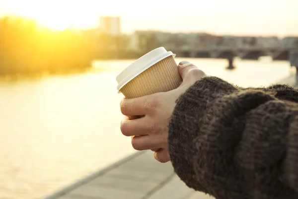 Tasse à café en papier dans les mains masculines — Photo