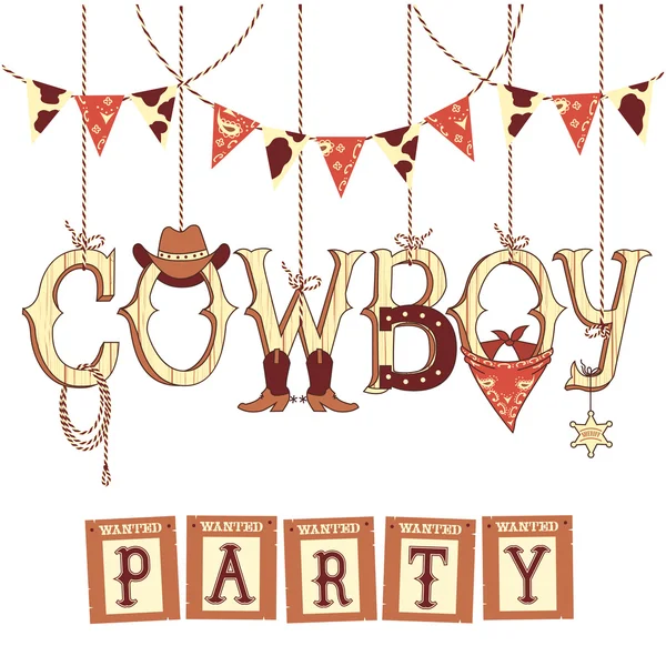 Cowboy western party text .Vector símbolos aislados en blanco para — Archivo Imágenes Vectoriales