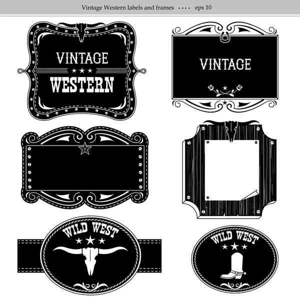 Western labels.Vector black silhouettes isolated on white for de — Stock Vector