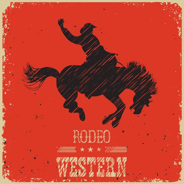 Western Cowboy montando cavalo selvagem.Cartaz ocidental em papel vermelho — Vetor de Stock