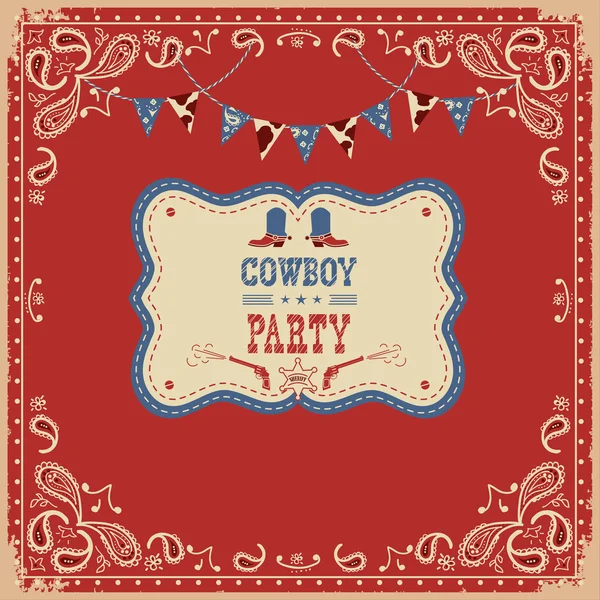 Tarjeta de fiesta de vaquero con texto y decoraciones — Vector de stock