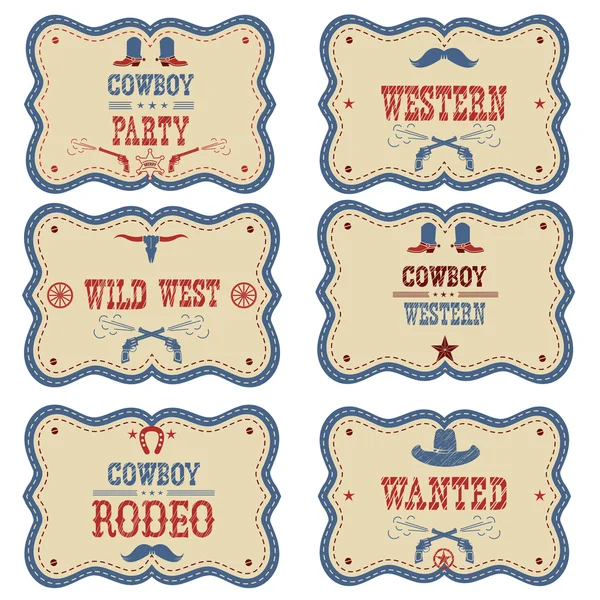 Etiquetas de cowboy isoladas em branco. Vetor ocidental cowboy símbolos — Vetor de Stock
