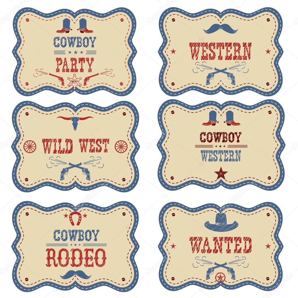 Cowboy labels isolated on white. Vector western cowboy symbols american illustration