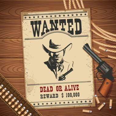Wanted poster with cowboy objects on wood texture clipart