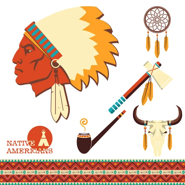 North american indian man portrait and traditional objects — Stock Vector