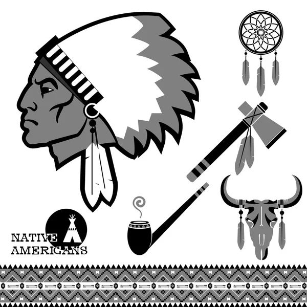 North american indian man stående och traditionella objects.vecto — Stock vektor