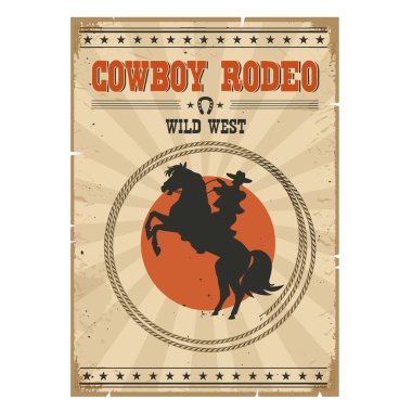 Cowboy riding wild horse .Western vintage rodeo poster with text clipart