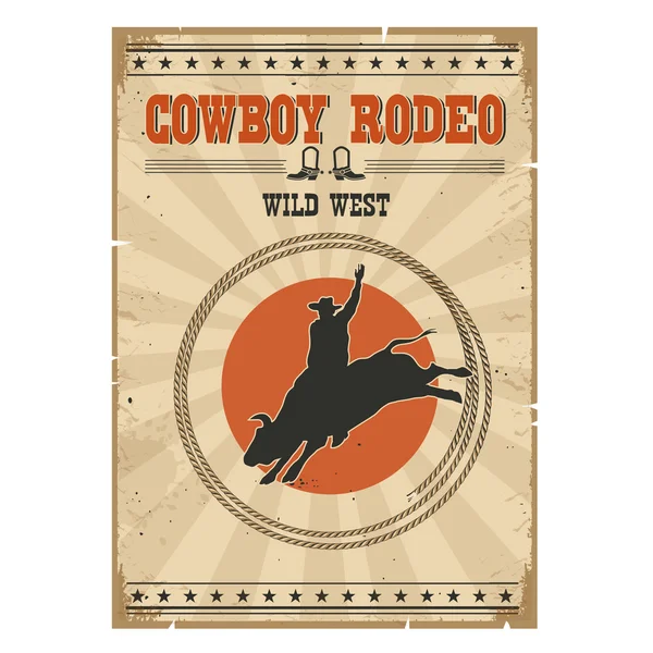 Cowboy selvaggio toro rodeo poster.Western vintage illustrazione con — Vettoriale Stock