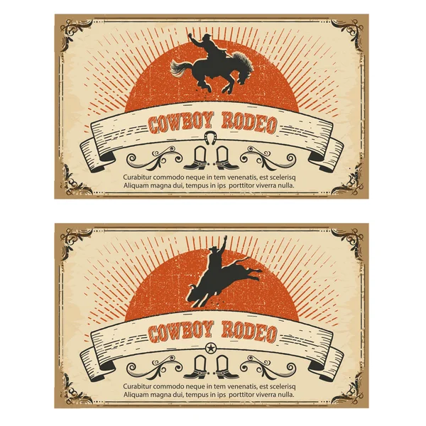 Vaquero salvaje caballo rodeo.Vector tarjetas aisladas en blanco — Archivo Imágenes Vectoriales