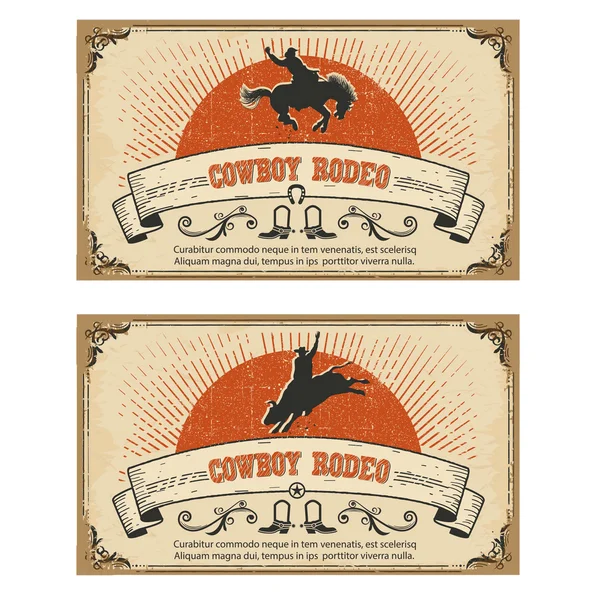 Kovboy vahşi at rodeo. Beyaz izole vektör kartları — Stok Vektör