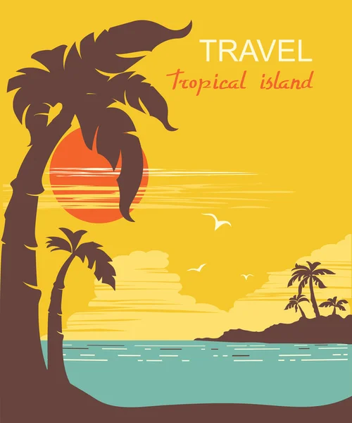 Tropical paradise.Vector palmeiras ilha cartaz — Vetor de Stock