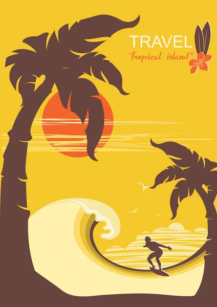 Tropiskt paradis med palms ön och surfare — Stock vektor