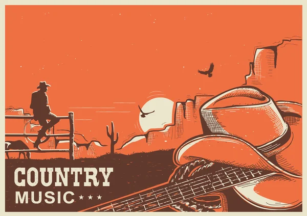 Cartel de música country estadounidense con sombrero de vaquero y guitarra en tierra — Vector de stock