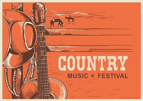 American country music poster with cowboy hat and guitar — Stock Vector