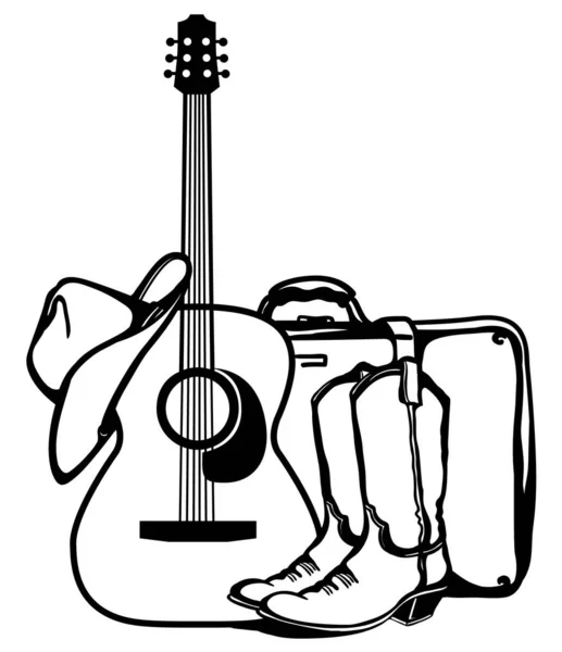 Country Gitárzene Utazás Akusztikus Gitár Cowboy Csizma Amerikai Kalap Bőrönddel — Stock Vector