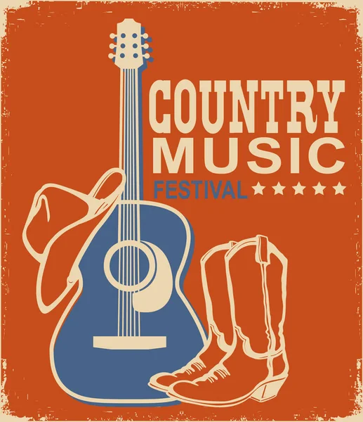 复古乡村音乐海报声吉他和牛仔美国的帽子和靴子 带有旧纸纹理文字的矢量音乐背景 — 图库矢量图片
