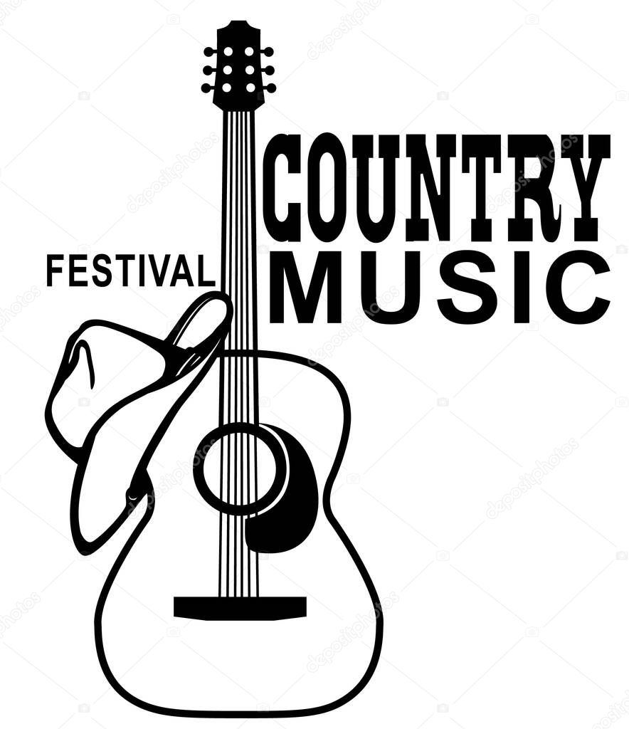 Country music of acoustic guitar and cowboy American hat. Outline vector illustration t shirt design isolated on white