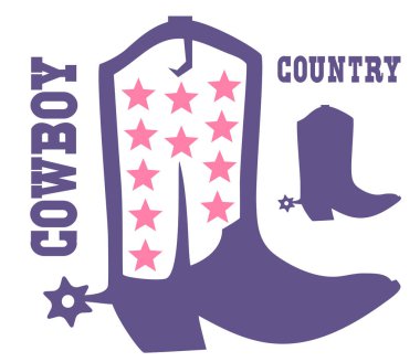 Vahşi Batı yıldızlı kovboy çizmeleri. Tasarım veya yazdırma için Kovboy çizme siluetinin vektör rengi çizimi