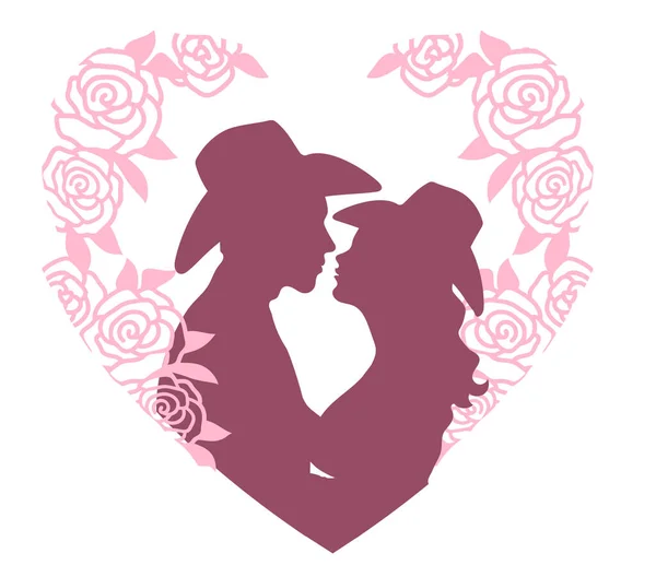 Loving Couple Cowboy Hats Kissing Pink Roses Frame Decoration Vector — Stock Vector