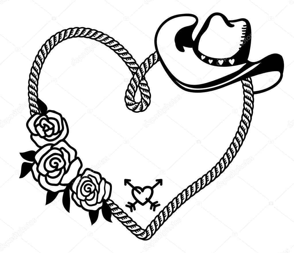 Cowboy Happy Valentine day. Country Farm with Cowboy hat and text rope heart decoration. Printable vector illustration background isolated on white for card or print