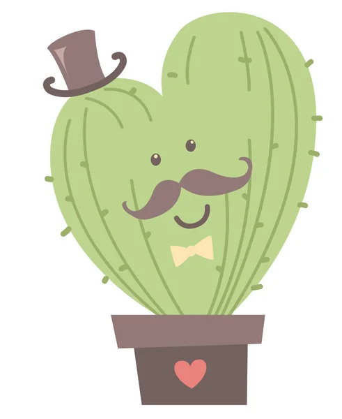 Carino Cuore Cactus Forma Cilindro Jentleman Papillon Illustrazione San Valentino — Vettoriale Stock