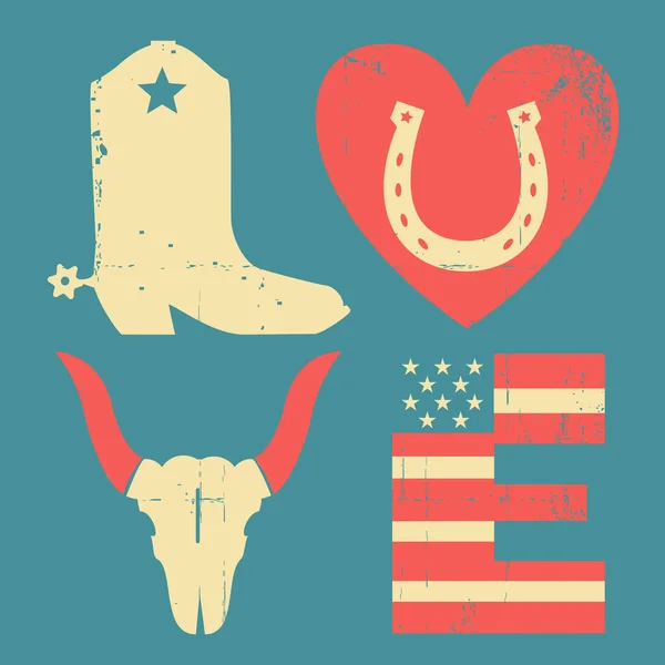 American Wild West Símbolos Tradicionales Vintage Cowboy Vector Grunge Texto — Vector de stock