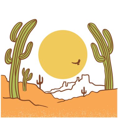 Yeşil kaktüslü çöl manzarası. Arizona çöl dağları ve güneş bembeyaz. Vektör doğa arkaplanı
