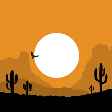 Kaktüslü siluet resimli Amerikan Çölü manzarası. Vektör Amerikan günbatımı Arizona Çölü