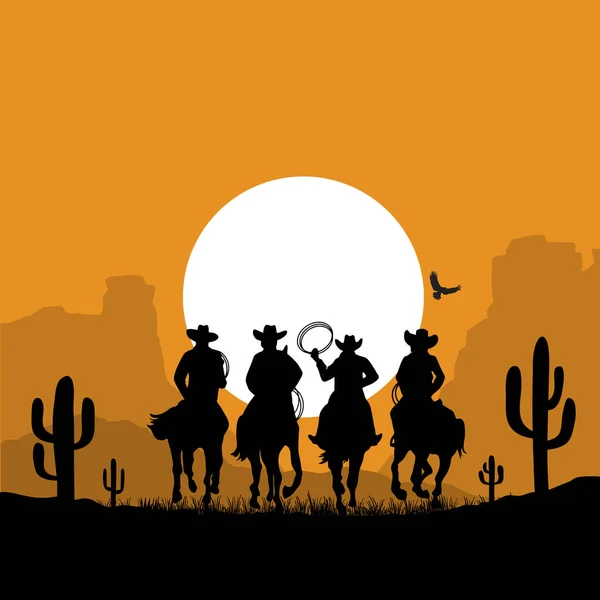 Silueta Vaqueros Montando Caballos Paisaje Desértico Del Atardecer Vector Pradera — Vector de stock