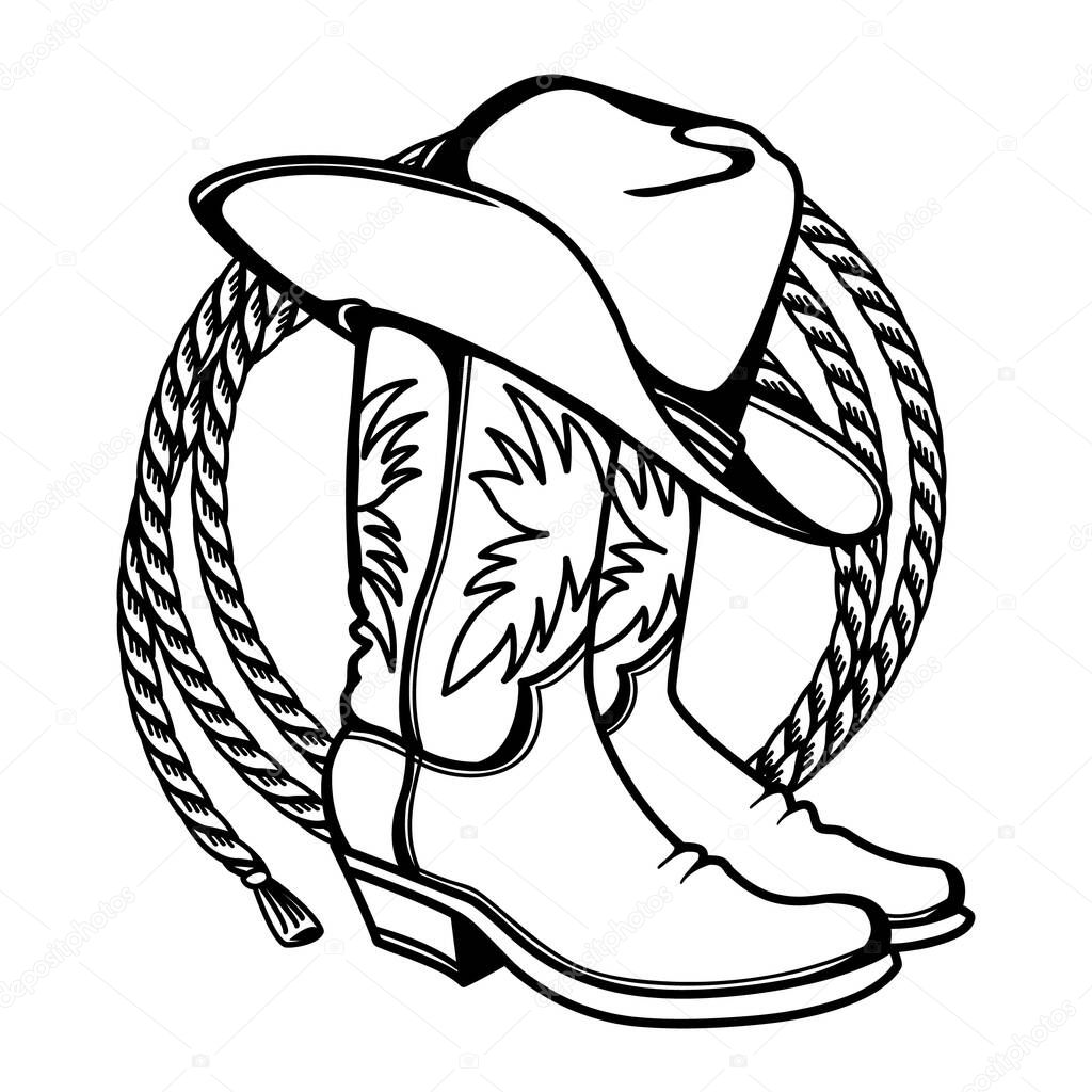 Cowboy boots and western hat and cowboy lasso. Vector graphic hand drawn illustration rodeo cowboy clothes isolated on white for print or design