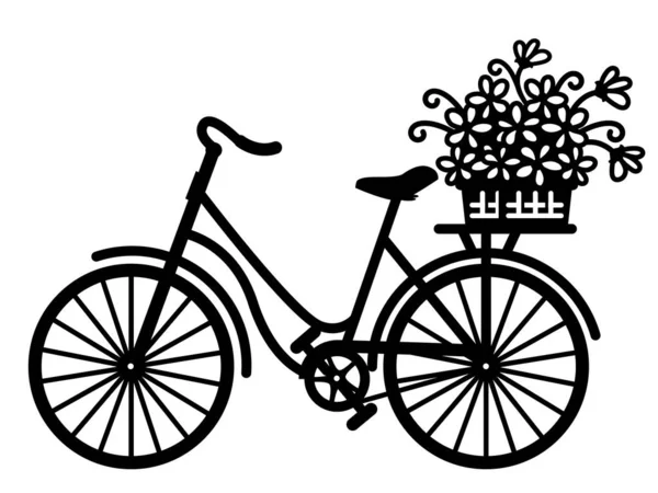 City Cykel Siluett Full Blommor Korg Vektor Grafisk Illustration Romantisk — Stock vektor