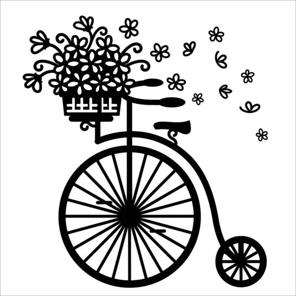 Vintage Kerékpár Virágokkal Fonott Kosárban Vektor Grafikus Illusztráció Régi Stílusú — Stock Vector