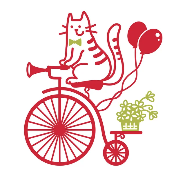 Söt Katt Kör Vintage Cykel Vektor Färg Karikatyrer Illustration Gammaldags — Stock vektor