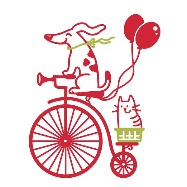 Милая Собака Кошка Водят Винтажный Велосипед Векторные Цветные Мультфильмы Иллюстрация — стоковый вектор