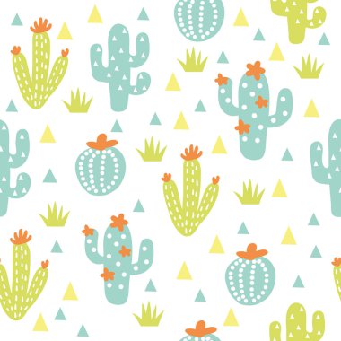 Kaktüsler pürüzsüz desen. Beyaz arkaplanda izole edilmiş yumuşak renkte vektör kaktüsleri ve sulandırıcılar. 