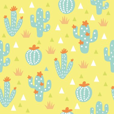 Kaktüsler pürüzsüz desen. Yumuşak renk arkaplanındaki vektör kaktüsleri ve sulandırıcılar. 