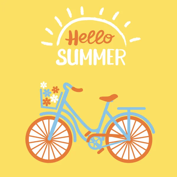 Γεια Σας Καλοκαίρι Διάνυσμα Ποδήλατο Λουλούδια Στο Καλάθι Κίτρινο Φόντο — Διανυσματικό Αρχείο