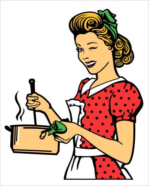 Retro giysili genç bir kadın mutfak odasında çorba pişiriyor. Baskı için beyaza izole edilmiş. Raster.