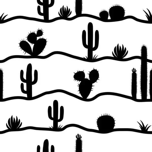 Cactuses无缝模式 线虫和肉质的矢量轮廓 轮廓图形风格 白色背景下孤立的颜色 — 图库矢量图片
