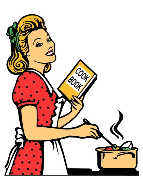 Mujer Joven Retro Ropa Retro Con Libro Cocina Sopa Cocina — Archivo Imágenes Vectoriales