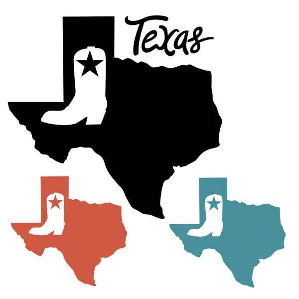 Texas Set Maps Silhouette Mit Cowboy Boot Vektor Illustration Des — Stockvektor