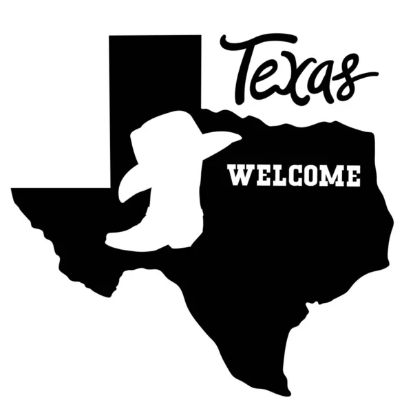 Teksas Kovboy Çizmesi Şapkasıyla Siluet Haritalar Hazırladı Teksas Haritası Siluetinin — Stok Vektör